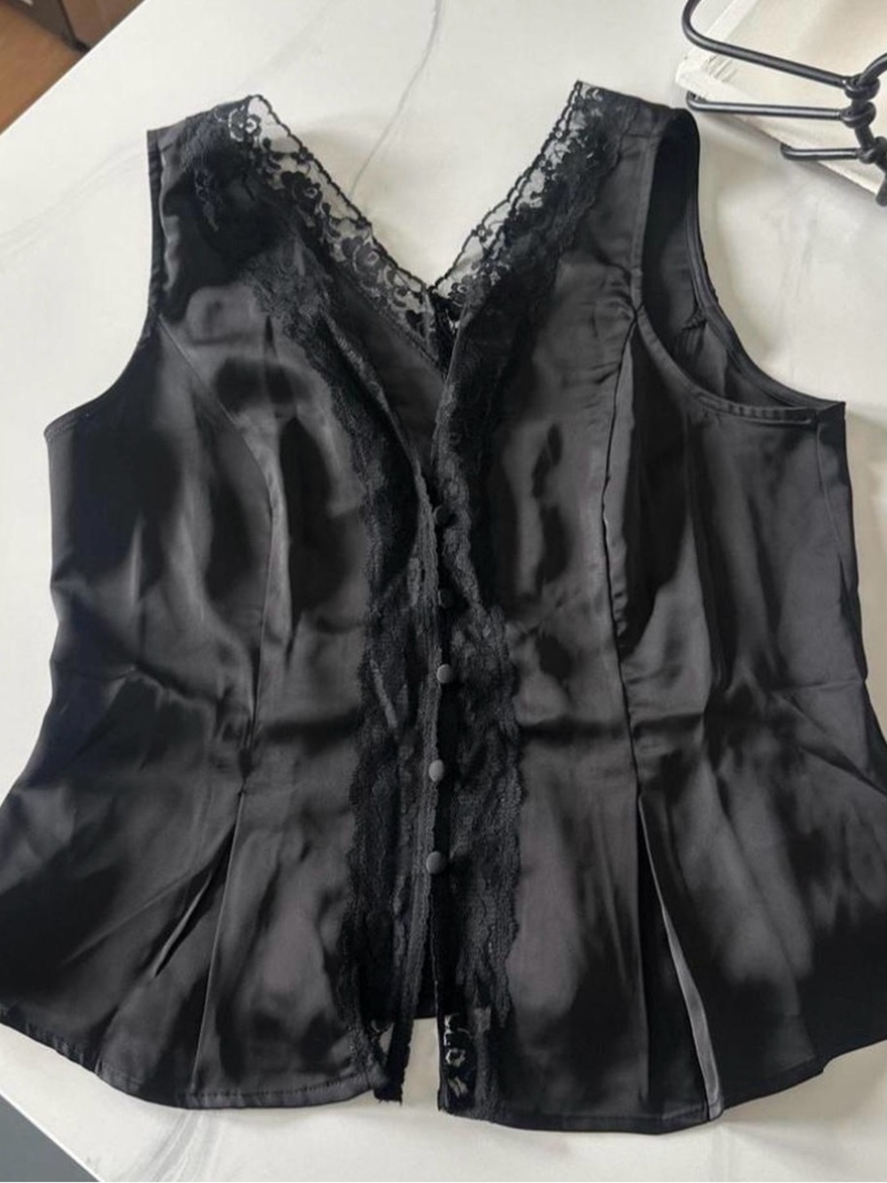 Black Satin Lace-Trim Button Front Tank